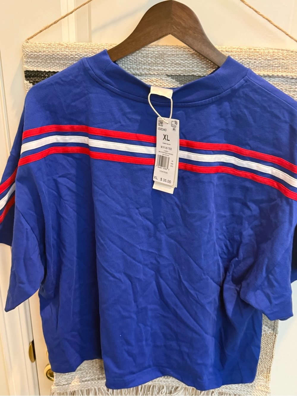 adidas Blue Short Sleeve Tee with Red & White Chest Stripes
